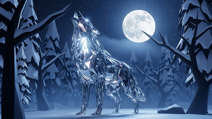 A futuristic metallic wolf howls under a full moon in a snowy forest