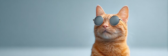 Ginger cat wearing stylish round sunglasses, showing a cool and calm expression while looking up, creating a humorous and fashionable pet concept on a soft blue background