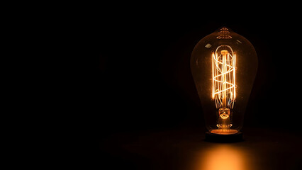 A glowing light bulb shines brightly in a dark room