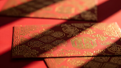 Red and gold patterned envelopes with dramatic light and shadow.