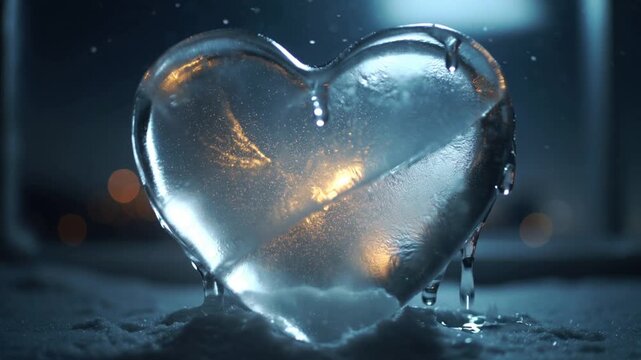 Frozen heart shaped ice sculpture on a dark background.