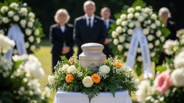 Funeral ceremony with urn, floral arrangements, and somber attendees outdoors