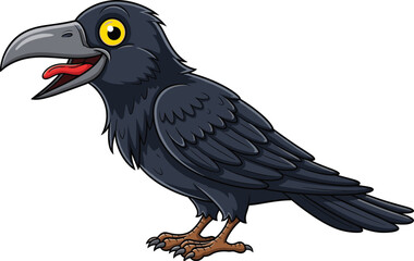 Cartoon raven bird vector illustration, black crow character with yellow eye, detailed feathers, isolated wildlife mascot design on white background for logo sticker branding