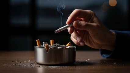 Hand holds a lit cigarette above a full ashtray, smoke rising