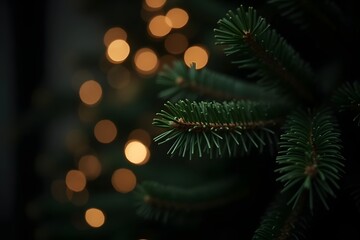 A close up view of a dark evergreen branch with blurred golden lights creating a warm festive and cozy winter