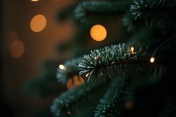 A close up view of a dark evergreen christmas tree branch adorned with soft glowing warm toned bokeh lights for