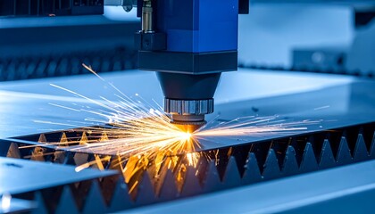 A high-tech laser cutting machine emitting sparks while working on metallic material