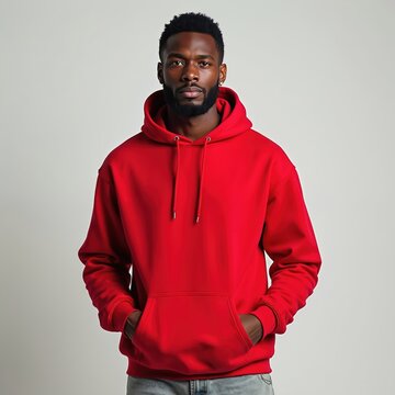 Young black man in red hoodie stands arms in pockets looking forward. Casual style portrait, confident pose, studio background. Represents modern fashion and youth culture.