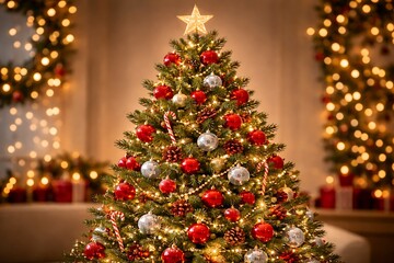 christmas tree with red and silver ornaments and star on top