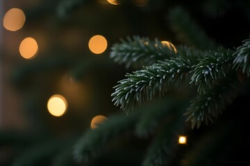 A close up view of a dark green christmas tree branch with warm blurred bokeh lights in the background