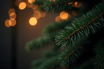 A close up view of a pine branch with blurred golden lights in the background creating a warm atmosphere