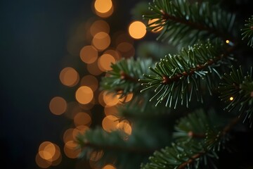 A close up view of evergreen branches with blurred golden lights creates a festive and warm atmosphere hinting at celebrations