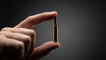 Obraz premium Human fingers delicately holding a bullet against a dark grey background