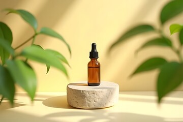 A single amber glass dropper bottle rests on a stone pedestal surrounded by lush green foliage and soft lighting