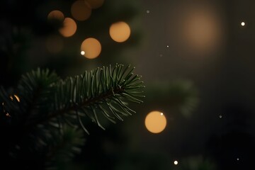 A softly focused image of a christmas tree branch with blurry bokeh lights in the dark background