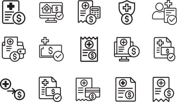 Medical billing and payment outline icon set with invoice, insurance, receipt, card, and healthcare finance symbols.