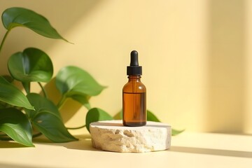 A warm inviting still life featuring a dark amber glass dropper bottle with lush green foliage and stone