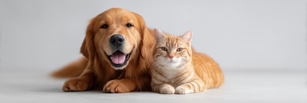 Golden retriever and orange tabby cat lying side by side on a white studio background, relaxed and affectionate companions showcasing friendship and loyal pet bonding - Powered by Adobe