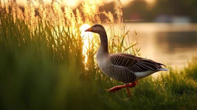 A serene greylag goose standing in grassy field by lake at sunset