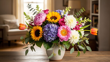 A beautiful bouquet of colorful flowers in a white vase on a wooden table