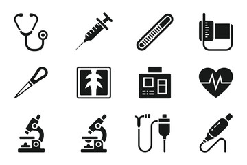 Fototapeta premium Medical icons set with stethoscope, syringe, and microscope
