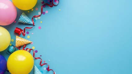 Party balloons, confetti and streamers on a bright blue background