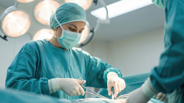 Female surgeon in green scrubs performing surgery in a sterile operating room, illuminated by bright surgical lights, showcasing precision and professionalism in medical practice - Powered by Adobe