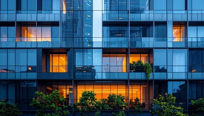 A building facade shows many windows with some interior lights glowing in the dark against the blue glass exterior of the structure