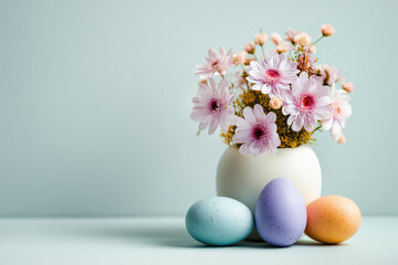 Spring still life with wildflowers in ceramic vase surrounded by pastel Easter eggs on blue background. Minimal elegant composition with copy space, soft light, seasonal holiday decor