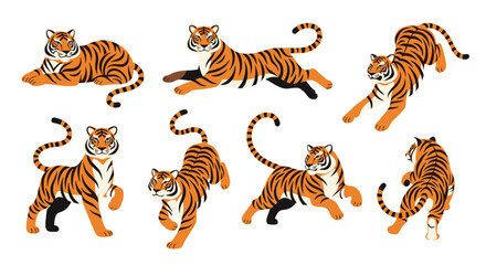 Obraz premium Set of tiger illustrations shows the majestic animal in various active poses like running and jumping on a plain white background.