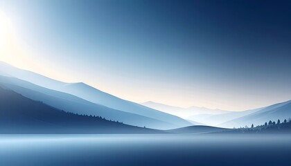 Obraz premium Serene blue landscape with layered mountains, a soft gradient sky, and calm water reflection