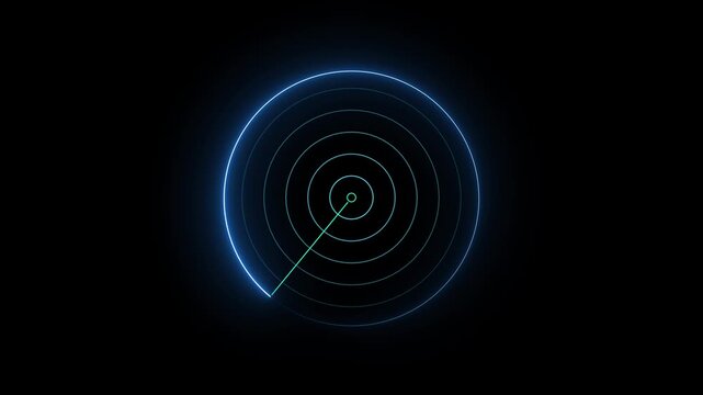 Abstract Radar Screen with Blue Neon Circles and Sweep Line on Black Background sonar