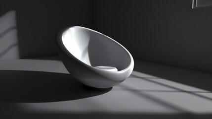 A modern, white, oval-shaped chair sits in a dimly lit, minimalist interior