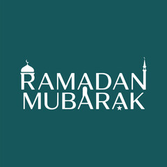 Minimal Ramadan Mubarak vector typography design with mosque and minaret accents on a dark green background, clean modern style ideal for Islamic greetings, posters, banners, cards, 