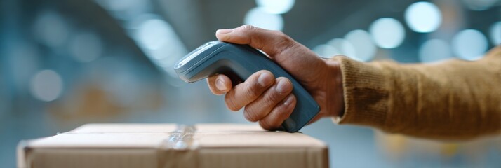 Worker hand using a modern wireless barcode scanner to check inventory or scan a parcel for logistics, distribution, and shipping purposes in a large warehouse facility