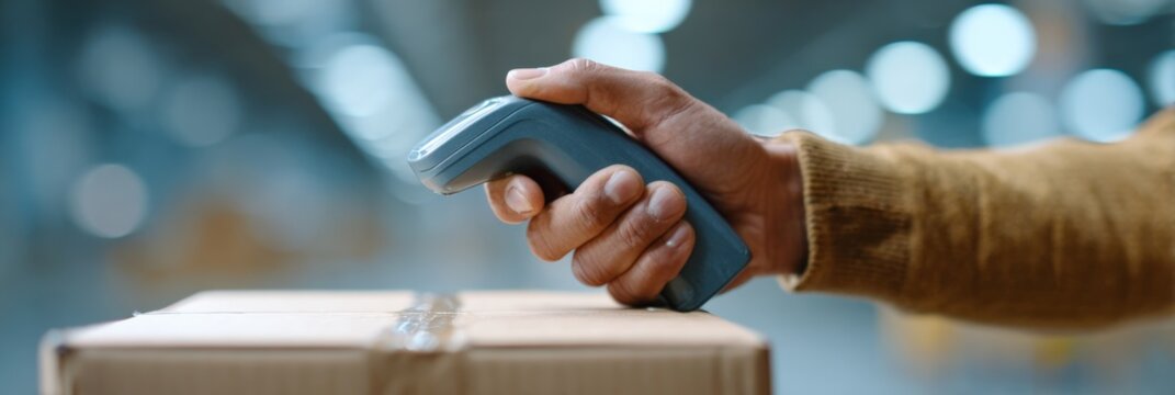Worker hand using a modern wireless barcode scanner to check inventory or scan a parcel for logistics, distribution, and shipping purposes in a large warehouse facility - Powered by Adobe