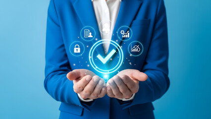 Business professional with digital icons symbolizing security, compliance, and data management