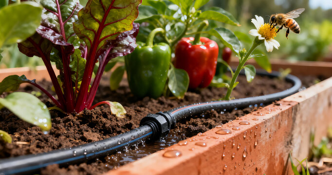 Sustainable garden with drip irrigation and pollinator.