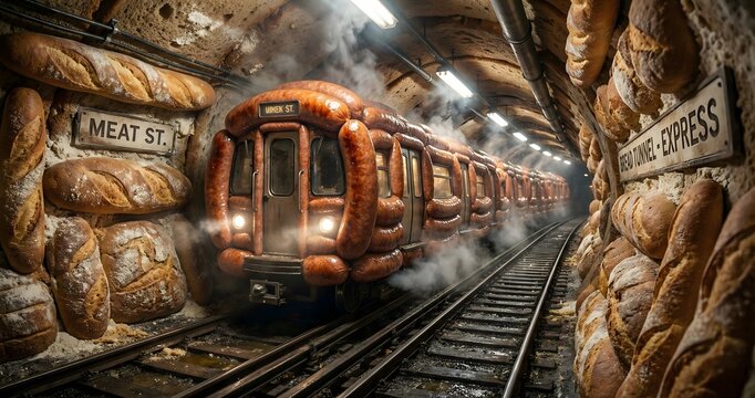A whimsical and surreal underground scene features a subway train made of sausages traveling through a tunnel with walls lined entirely with various types of fresh bread.