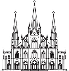 Fototapeta premium Cathedral Religious Building Hand-drawn Sketch Drawing Vector Illustration, Line Linear Symbol Engraving Coloring Book, Black and White Isolated
