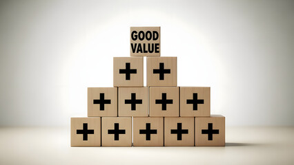 Good Value" Concept Pyramid Stack of Positive Benefits and Quality Advantages on White Background