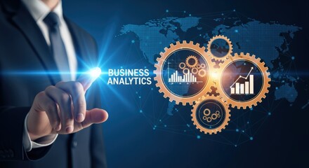 Business Analytics and Data Visualization Concept: Businessman Interacting with a Digital Interface Displaying Charts and Analytics