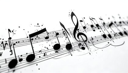 An artistic depiction of black musical notes swirling on a white background with splashes