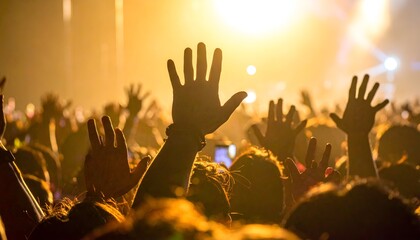 A vibrant crowd with raised hands basking in dramatic lighting at a lively event