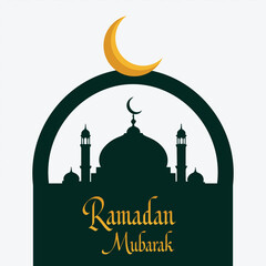Ramadan Mubarak vector illustration featuring a mosque silhouette framed by an arch with crescent moon above, clean modern style ideal for Islamic greetings, posters, banners, cards, and festive brand