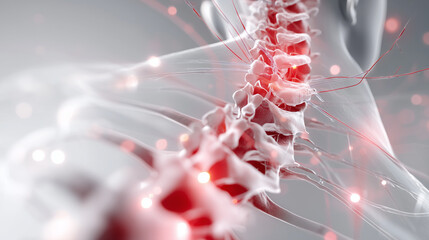 Anatomical spine graphic, glowing red pressure points, clear vertebrae labels, nerve pathways highlighted