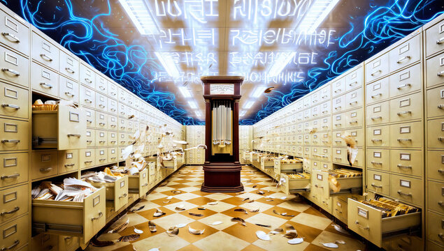 A cluttered office storage room with rows of filing cabinets and scattered papers