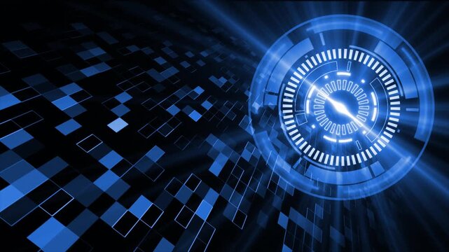 Royal blue color rotating glowing HUD animation with appearing and disappearing rectangular shapes hi tech seamless design black geometrical background