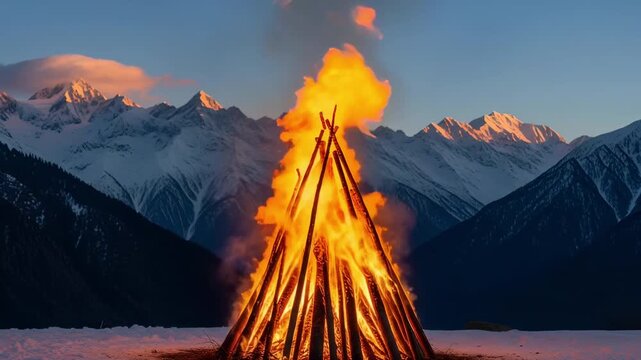 A tall lohri bonfire burning on a snowy ground against a snow-capped mountains at sunset for harvest celebration, Pongal and makar sankranti 