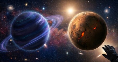 Obraz premium A stunning cosmic panorama showcases an astronaut's hand reaching towards a fiery planet alongside a ringed gas giant in a vibrant star-filled galaxy.